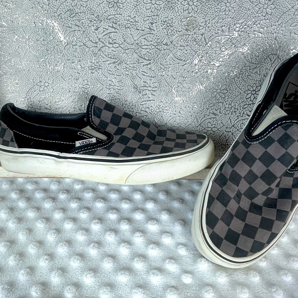 Vans Classic Black Grey Checker Board Slip Ons EUC